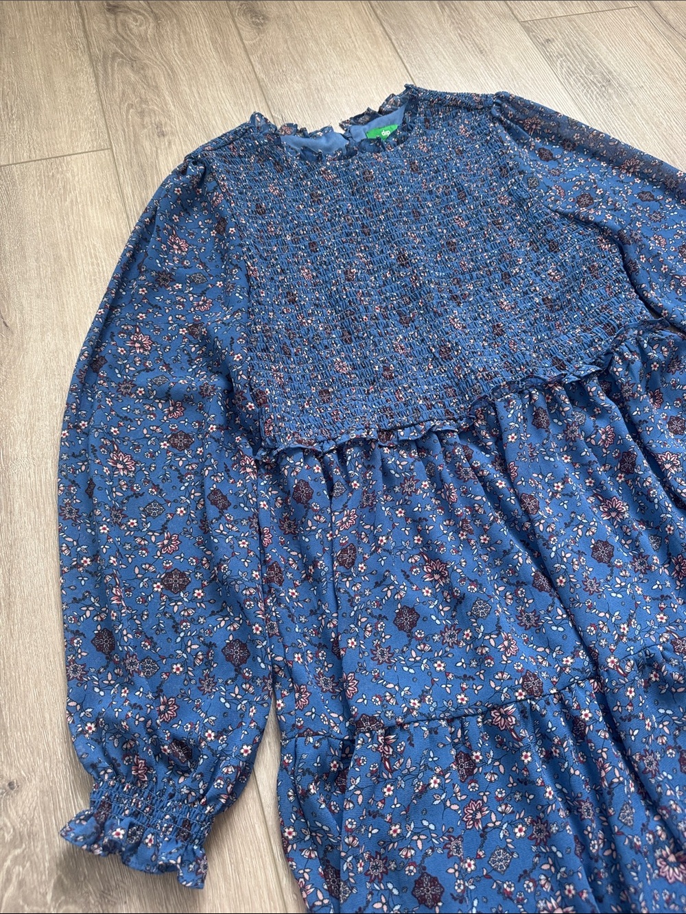 Blue Floral Long-Sleeve Smocked Dress - Picture 4 of 6